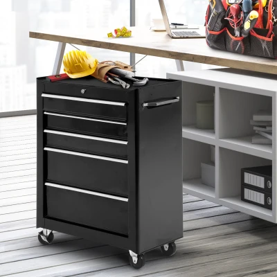 HOMCOM Carrinho de Ferramentas para Oficina com Rodas e 5 Gavetas Fechadura e Alça Lateral 61,5x33x85 cm Preto