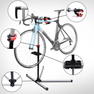 HOMCOM Suporte de Reparação de Bicicleta Portátil Suporte para Bicicleta com Altura Ajustável 109-180cm Giratório 360° Bandeja de Ferramenta até 30kg 100x66x180cm Preto