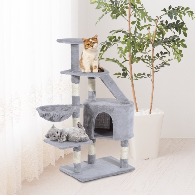 PawHut Arranhador para Gatos com Postes Escadas Caverna Espaçosa Rede Plataformas Centro de Atividades Sisal Natural 55x40x125cm Cinza