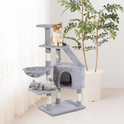 PawHut Arranhador para Gatos com Postes Escadas Caverna Espaçosa Rede Plataformas Centro de Atividades Sisal Natural 55x40x125cm Cinza