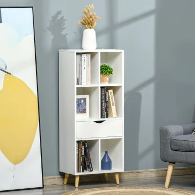 HOMCOM Estante para Livros com 6 Compartimentos Abertos 1 Gaveta e Pés de Madeira para Armazenamento de Brinquedos CDs Plantas 50x29,5x120cm Branco