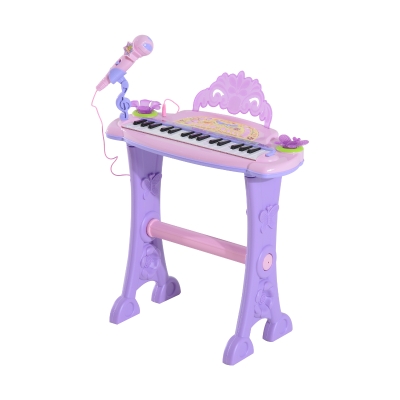 HomCom Órgão Eléctrico Infantil 37 Teclas Piano Infantil com Microfone Banquinho Luzes Ritmos Sons MP3 Karaoke Modo Aprender Rosa