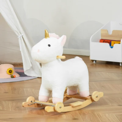 HOMCOM Baloiço Infantil em Forma de Unicornio para Crianças acima de 3 Anos Baloiço 2 em 1 com Rodas e Sons 45kg 63x38x63cm Branco