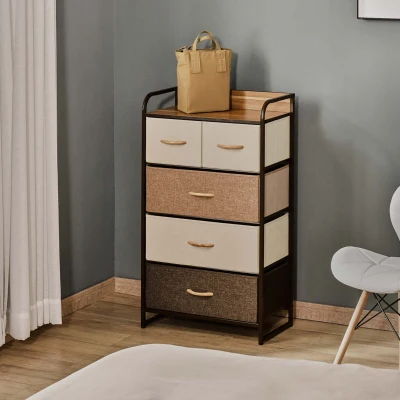 HOMCOM Cómoda de Tecido com 5 Cestos Removíveis e Dobráveis Base Elevada Móvel de Armazenamento para Dormitório Sala de Estar 58x29x99cm Multicor