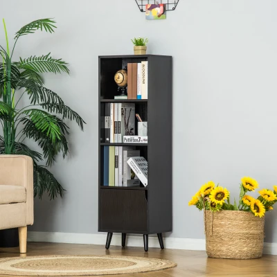 HOMCOM Estante com 3 Prateleiras Abertas e 1 Fechada com Porta Estante de Estilo Moderno para Armazenamento de Livros Brinquedos Plantas 40x30x129,5cm Preto