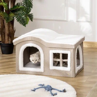 PawHut Casa Dobrável para Gatos Caverna para Gatos Grande com Tampa Removível Almofadas 2 Entradas e Janela 63,5x37x40cm Bege