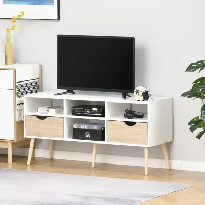 HOMCOM Móvel de TV com 2 Gavetas e 4 Compartimentos Pés de Madeira Dispositivo Anti Rolamento para Sala de Estar 117x39x57cm Branco e Madeira Natural