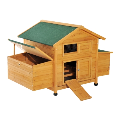 PawHut Grande galinheiro de madeira de abeto com bandeja removível para 2-4 galinhas Resistente às intempéries com 2 ninhos com Teto dobrável 150x100x96,5cm