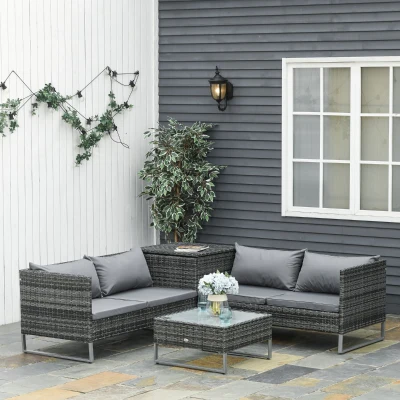 Outsunny Conjunto de 4 Móveis de vime para Jardim com 2 Sofás Duplos Mesa central mesa de baú e almofadas removíveis 132x69x64 cm Cinza