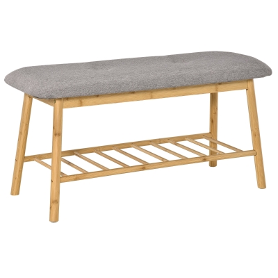 HOMCOM Banco Sapateiro Moderno Móvel de Entrada de Bambú com Assento Acolchoado e Prateleira para Sapatos 90x34x44cm Cor Natural e Cinza