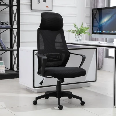 Vinsetto Cadeira de escritório ergonômica Cadeira de mesa inclinável ajustável em altura com encosto de braço Encosto de cabeça 5 rodas Suporta até 120 kg 64x58x116-126 cm Preto