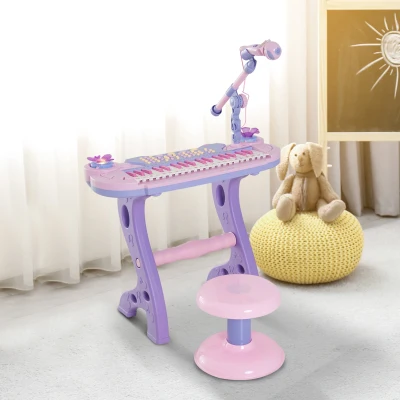 HOMCOM Piano Infantil 37 Teclas Teclado Eletrônico Brinquedo Educacional para Crianças + 3 Anos com Microfone Banco de Luzes e 22 Canções USB/MP3 Karaokê Rosa