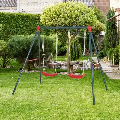 Outsunny Conjunto de Baloiços para Crianças com Suporte de Metal e Corda Ajustável 220x160x180 cm Verde e Vermelho
