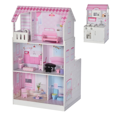 HOMCOM 2 em 1 binquedo de cozinha Casa de bonecas 3 andares com 12 acessórios incluidos para crianças acima de 3 anos 60x 48x 106 cm rosa