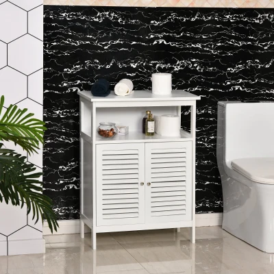 kleankin Armário Casa de Banho com 2 Portas Persianas e Compartimento Aberto Desenho Moderno 60x30x81,6 cm Branco