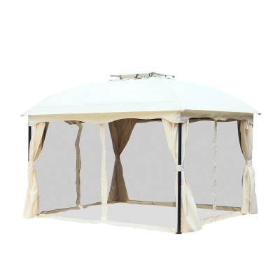 Outsunny Pérgola Exterior 3x3.65x2.82m de Jardim Marco de Ferro com Parede Lateral e Mosquiteira Cor Creme