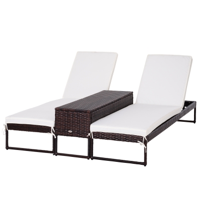 Outsunny Conjunto de 2 espreguiçadeiras de jardim com almofadas acolchoadas de vime com mesa lateral para piscina ou terraço Carga160kg 195x60x86 cm Moldura de aço Creme e Castanho
