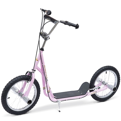 HOMCOM Trotinete para Crianças acima de 5 anos Scooter de 2 Rodas Grandes Insufláveis de 16 Polegadas com Freios e Guidão Ajustável em Altura 143x58x92-100cm Rosa