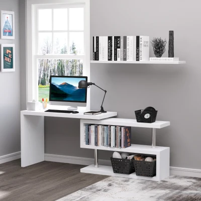 HOMCOM Secretária de Canto Giratória 360º Secretária em Forma de L com Prateleiras para Escritório Casa 114x120x76,1cm Branco