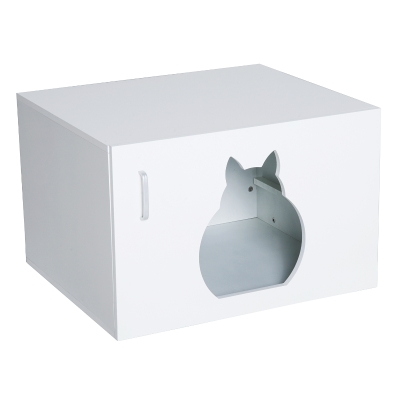 PawHut Casa para Gatos de Madeira Móvel Caixa de Areia para Gatos com Porta com Dobradiça e Orifício de Entrada em Forma de Gato Caverna para Gato 60x41x51cm Branco
