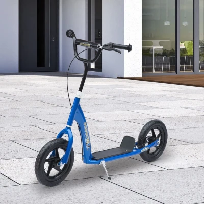 HOMCOM Trotinete para Crianças acima de 5 anos Scooter de 2 Rodas Grandes de 12 Polegadas com Freio e Guidão Ajustável em Altura Carga Máx. 100kg 120x52x80-88cm Azul