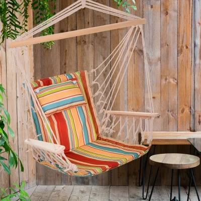 Outsunny Cadeira Rede Suspensa com Estampa em Listras Almofada de Apoio para a Cabeça Cadeira Rede Baloiço para Interior e Exterior Carga Máxima 105kg 100x106cm Multicor
