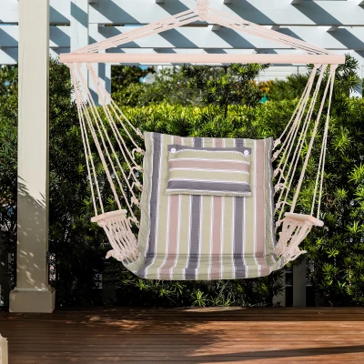 Outsunny Cadeira Rede Suspensa com Estampa em Listras Almofada de Apoio para a Cabeça Cadeira Rede Baloiço para Interior e Exterior Carga Máxima 105kg 100x106cm Multicor