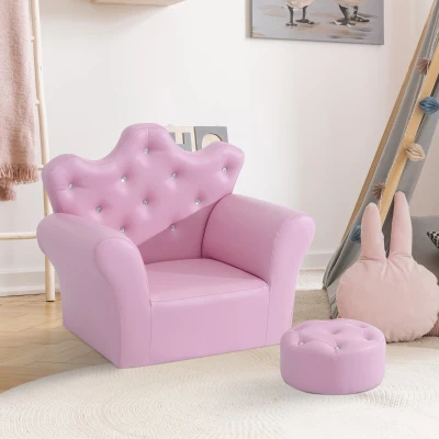 HOMCOM Sofá para Crianças com Banco Encosto Alto em Forma de Coroa e Apoio para os Braços Acolchoado 58x40,5x49cm Rosa
