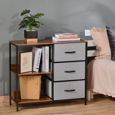 HOMCOM Cómoda de Estilo Industrial com Cestos de Tela Dobráveis e 2 Prateleiras para Dormitório Sala de Estar Corredor 80x29x71cm Nogueira e Cinza Claro