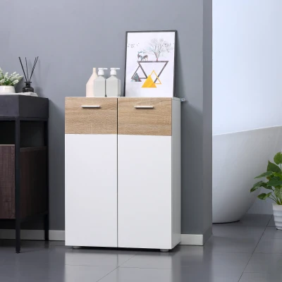 Kleankin Armário Casa de Banho com 2 Portas e Prateleiras Interiores Ajustáveis Móvel Auxiliar de Madeira Multiuso para Sala de Estar Cozinha Sala de Jantar 60x30x85cm Branco e Madeira Natural