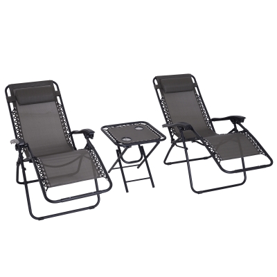 Outsunny Conjunto de 1 Mesa e 2 Espreguiçadeiras Conjunto de Exterior Dobrável e Portátil para Jardim Praia Relaxante com Encosto Reclinável Textilene Aço Cinza