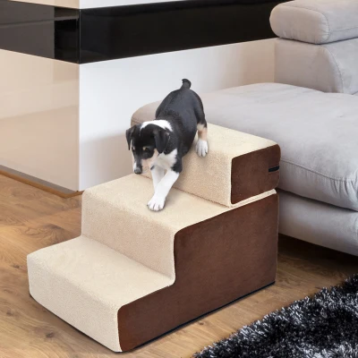 PawHut Escada de 3 degraus para animais de estimação Cães Gatos destacável e capa removível portátil Carga 5 kg 54x40x39 cm Marrom e bege