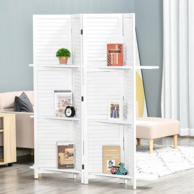 HOMCOM Biombo de 4 Painéis de Madeira Separador de Ambiente Dobrável com 3 Prateleiras Removíveis Desenho Persiana para Dormitório Escritório 160x170cm Branco