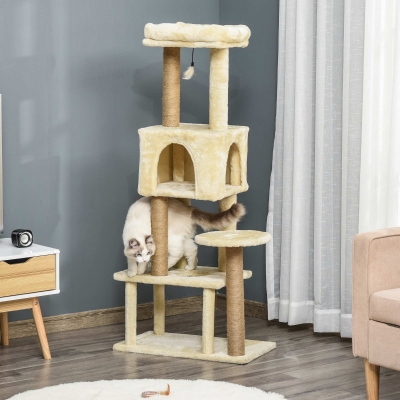 PawHut Árvore Arranhador para Gatos Centro de Atividades com Plataformas Cavernas de Felpa Suave Postes para Arranhar de Juta Bola Brinquedo Suspenso 60x34x136cm Bege