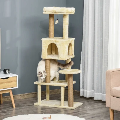 PawHut Árvore Arranhador para Gatos Centro de Atividades com Plataformas Cavernas de Felpa Suave Postes para Arranhar de Juta Bola Brinquedo Suspenso 60x34x136cm Bege