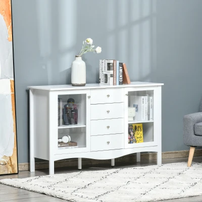 HOMCOM Aparador de Cozinha Armário Buffet com 2 Armários Porta de Vidro Prateleira Interior Ajustável e 4 Gavetas para Sala de Jantar Sala de Estar 136x45x85cm Branco