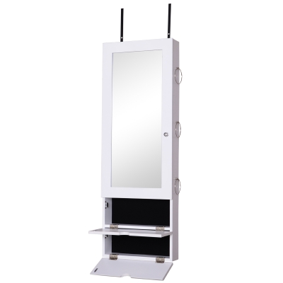 HOMCOM Espelho com Móvel de Bijuterias de Parede ou Porta Armário Porta Jóias com Altura Ajustável 2 Prateleiras Fechadas com Portas e Organizador de Jóias 35,5x9,5x102cm Branco