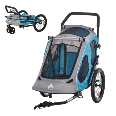 PawHut Carrinho para animais de estimação dobrável 2 em 1 com guiador 360 ° Giratório Roda dianteira Engate retrátil Oxford Carga 30 kg 140x71x105 cm Azul Cinza
