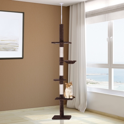 PawHut Árvore Arranhadora para Gatos Arranhador para Fixar ao Teto Altura Ajustável com Plataformas Poste de Sisal 40x34x230-260cm Marrom
