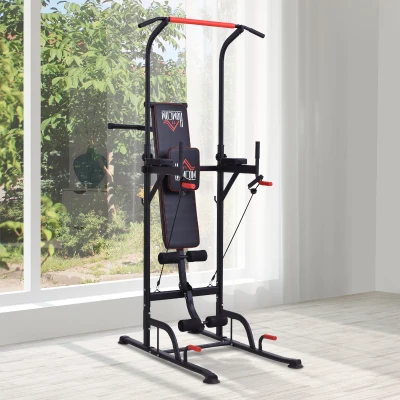 HOMCOM Estação de Musculação Multifuncional Torre de Treinamento com Altura Ajustável com Banco Dobrável Barra de Elevação para Fitness 220x98x181-229cm Preto
