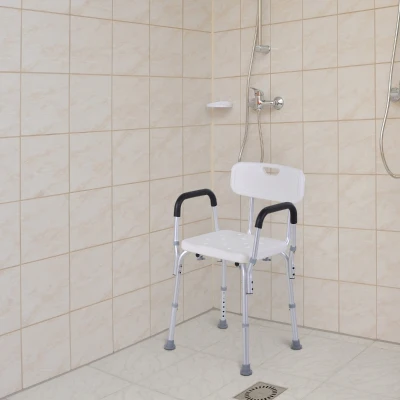 HOMCOM Cadeira para Duche Antiderrapante com Altura Ajustável em 6 Níveis Apoio para os Braços e Encosto 51,5x51,5x71-84 cm Branco