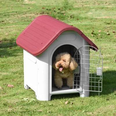 PawHut Casota para Cães com Porta Removível Base Elevada 3 Respiradouros e Janela Casota de Cães para Interior e Exterior 59x75x66cm Cinza e Vermelho