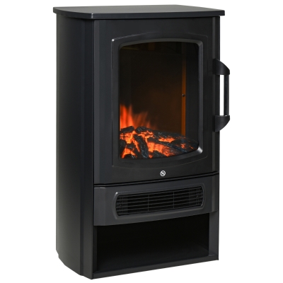 HOMCOM Lareira Elétrica Potência de 2 Níveis 1000W ou 2000W com Efeito de Chama Termostato e Proteção contra Superaquecimento até 25m² 44,5x32,1x74cm Preto