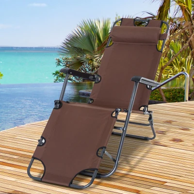 Outsunny Espreguiçadeira Reclinável  Dobrável com Encosto Ajustável Apoio de Braço  Apoio para os Pés Carga 136 kg 135x60x89 cm Marrom
