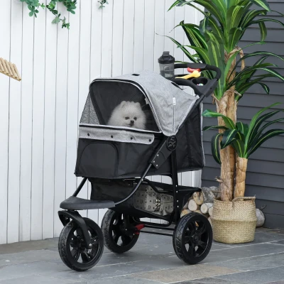PawHut Carrinho de animais de estimação dobrável com rodas Correias de segurança e cesto de armazenamento 109,5x57,5x106,5 cm Cinza e preto