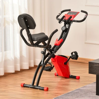 HOMCOM Bicicleta Estática Dobrável com Altura e Resistência Ajustáveis com Tela LCD e Assento com Encosto 51x97x115cm Vermelha