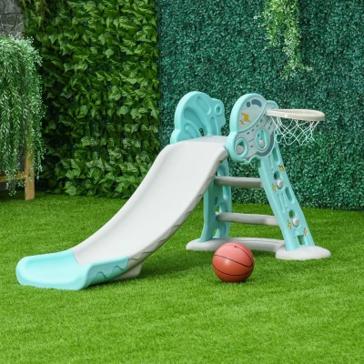 HOMCOM Escorrega Infantil Dobrável com Cesta de Basquetebol para Crianças acima de 18 meses Modelo Disco Voador para Interiores e Exteriores 140x87x75cm Azul e Cinza