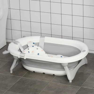 HOMCOM Banheira para Bebé Recém Nascido até 3 Anos Dobrável 30 Litros com Tampa Termossensível e Almofada Confortável Almofadas Antiderrapantes 81,5x50,5x23,5cm Cinza e Branco
