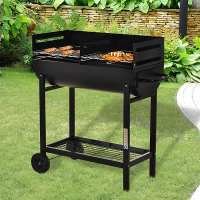 Outsunny Barbecue a Carvão com Grelha Ajustável em Altura Prateleira de Armazenamento e Rodas 90x45x96 cm Preto