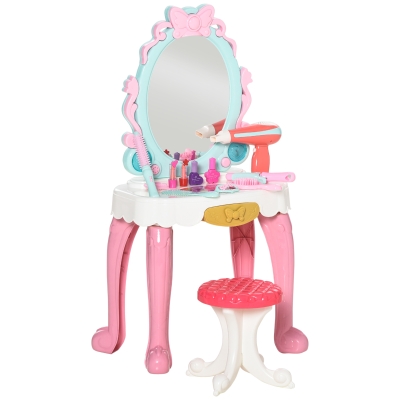HOMCOM Toucador Infantil para Crianças acima de 3 Anos com Banco Espelho com Luz e Música com 20 Acessórios Centro de Beleza Infantil 41x27x82cm Multicolor